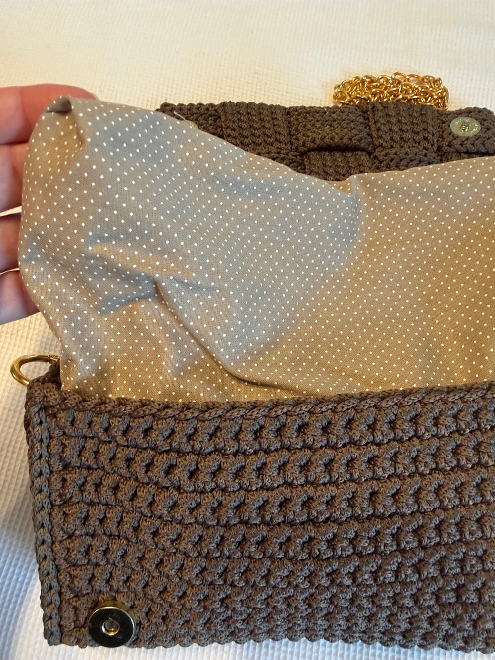 Handmade Woven Crochet Crossbody Bag - Brown and Golden Chain - Picture 8 of 15